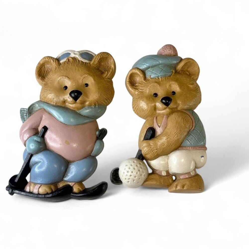 Vintage Home Interior Teddy Bear Plaques 2 Wall Accents Ski Tennis Pink/Blue